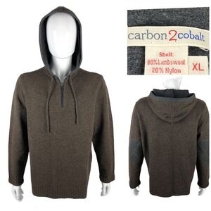 Carbon2Cobalt Mens XL Sweater 1/4 Zip Hooded Ribbed Pullover Brown Lambswool EUC